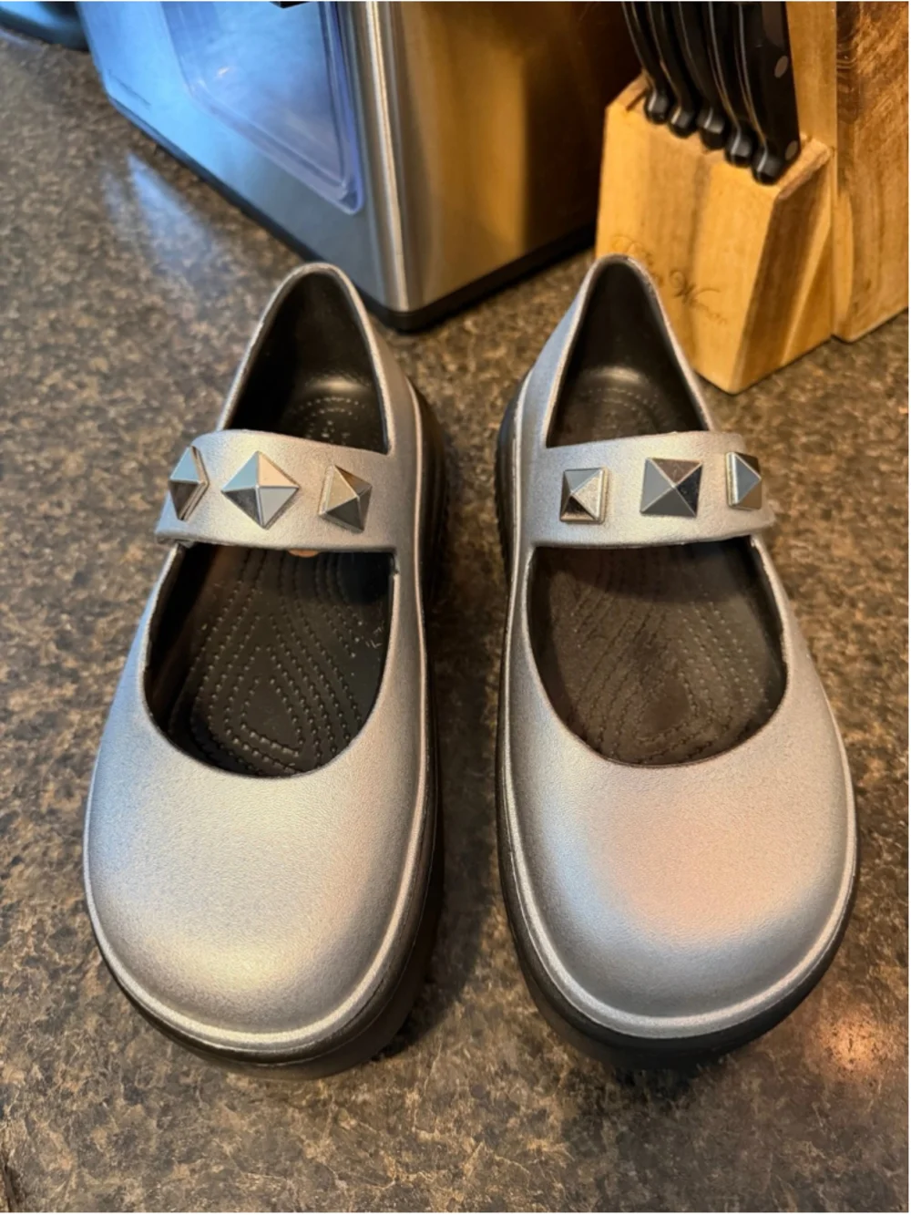 New Crocs STOMP METALLIC MARY JANE Platform Wedge Silver Shoes